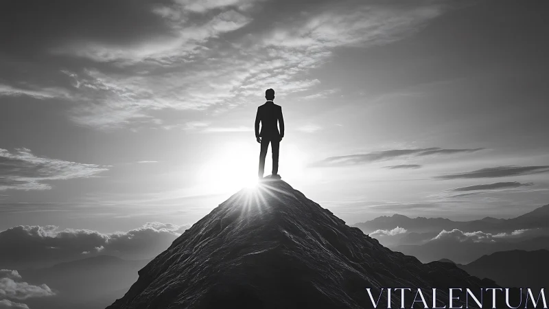 Business figure stands on mountain peak at sunrise.