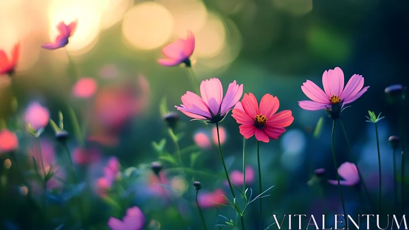 Pink cosmos flowers blooming in golden morning light.