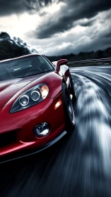 Red sports car powers through a stormy racetrack curve