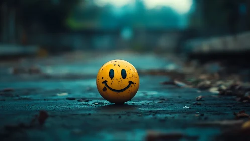 Grimy yellow smiley ball quietly rewrites a rainy street