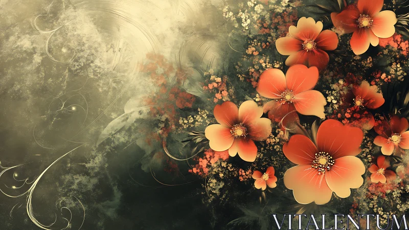 Digital floral abstraction unites glowing blooms and misty ground