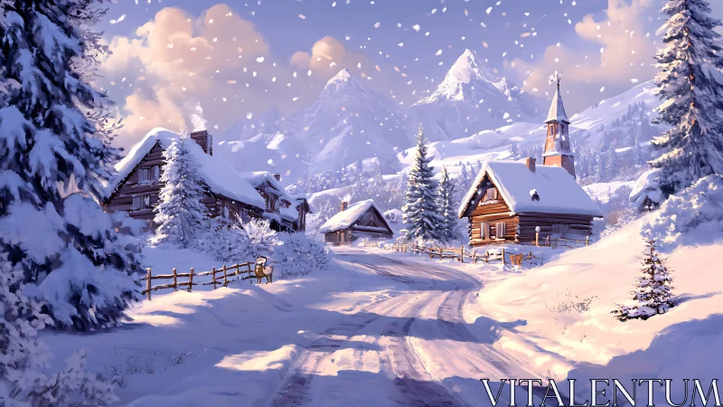 Snowy alpine village road curves toward glowing mountains.