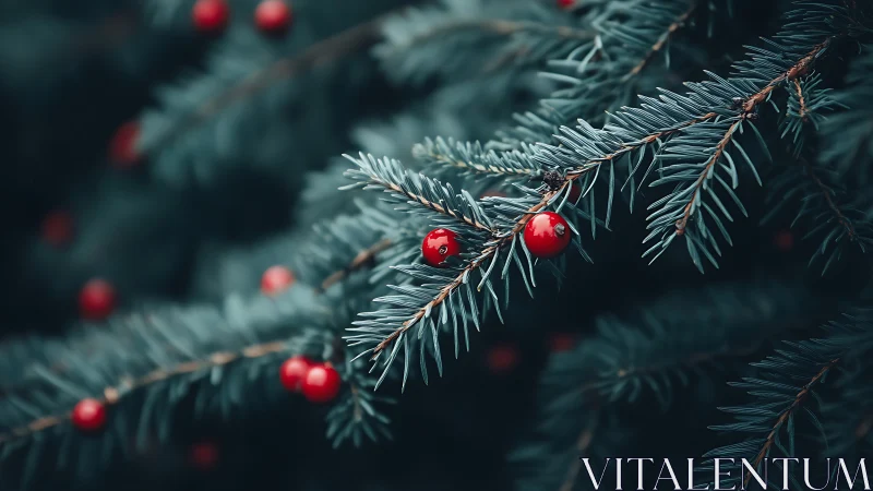 Evergreen needles and red berries sharing a quiet winter moment.