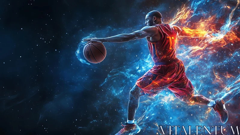 Flaming cosmic basketball dunk rendered in digital energy art.