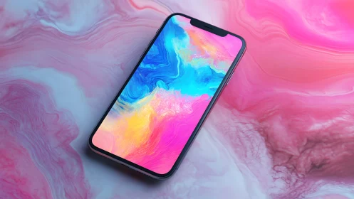 Modern smartphone on vibrant abstract pink and blue background.