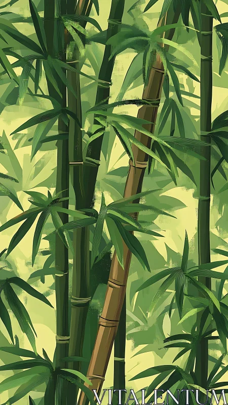 Lush bamboo grove illustration captures tranquil green depth.
