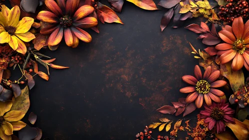 Autumn Flowers and Botanicals Arranged on Textured Dark Surface