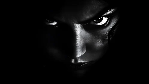 Monochrome intense face in extreme low key lighting study.