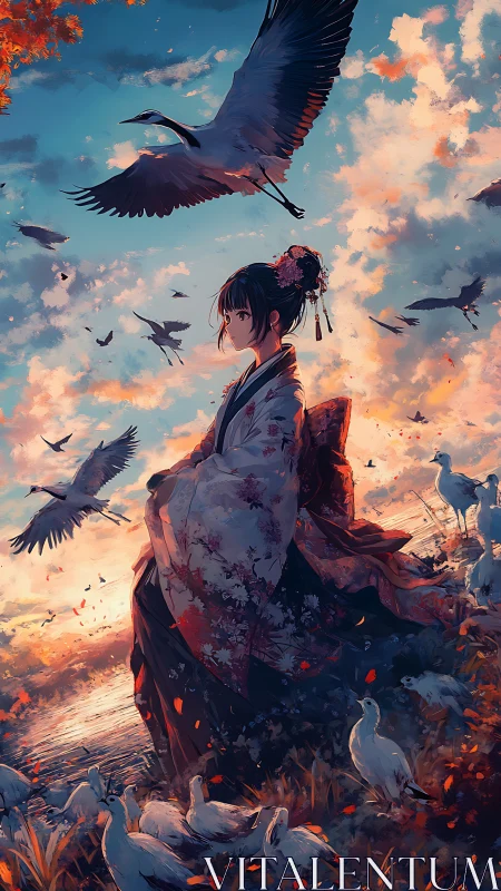 Kimono-clad dreamer among cranes at ember-tinted sunset.