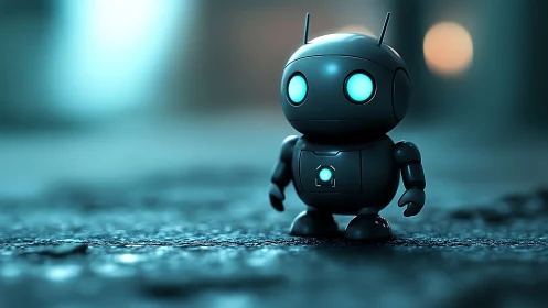 Miniature cyan-lit robot rendered in cinematic 3D bokeh scene