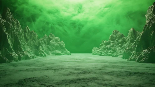 Iridescent alien canyon under luminous toxic green sky.