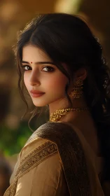 Young woman in traditional attire looks over shoulder calmly