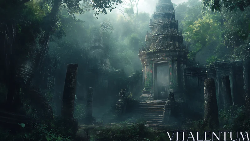 Ancient jungle temple emerges from misty overgrown ruins.