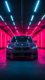 BMW sedan centered in neon lit tunnel at night.