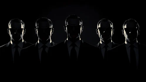 Silhouetted suited agents stand in dramatic cinematic shadow