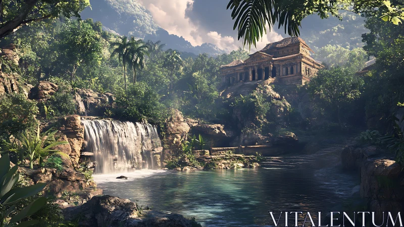 Ancient jungle temple overlooks serene waterfall lagoon