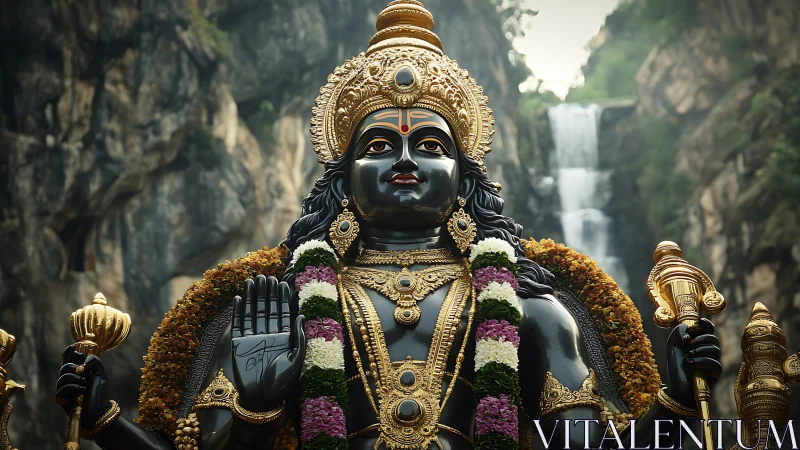 Photorealistic deity sculpture before cascading waterfall backdrop.
