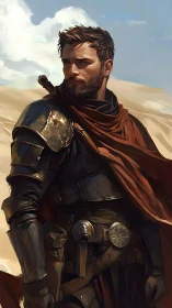 Desert knight in rust-red cloak scanning distant horizons.