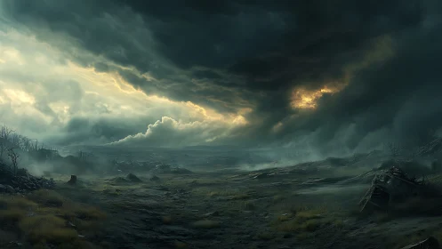Digital painting of apocalyptic storm over ruined wasteland.
