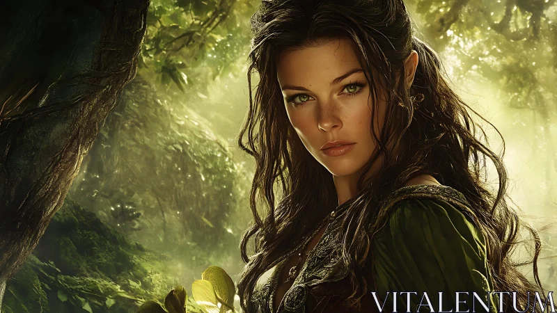 Elf woman in green clothing standing in sunlit forest scene.