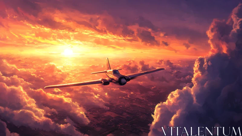 Single propeller aircraft cuts through volumetric sunset clouds