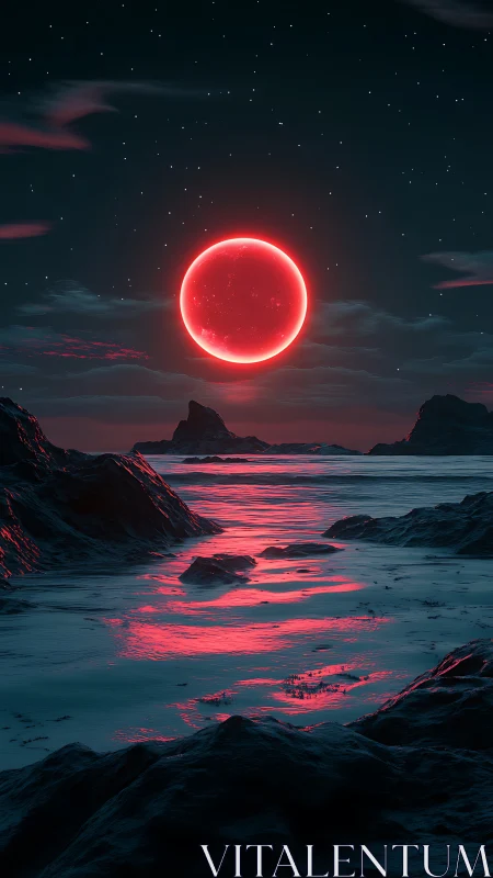 Crimson eclipse over alien coastline under starry sky.