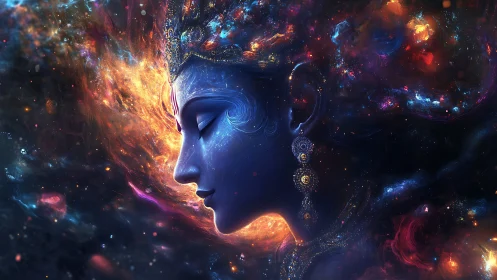 Celestial blue deity merges with swirling galactic nebulae