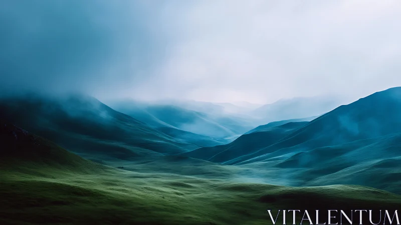 Mist-veiled teal mountains over luminous green valley.