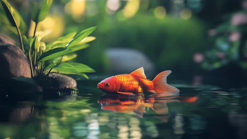 Goldfish drifts through tranquil pond with soft bokeh light.