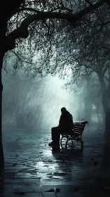 Solitary silhouette listens while the midnight rain confides