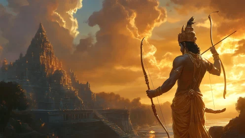 Sunlit archer prince facing luminous temple of legends.