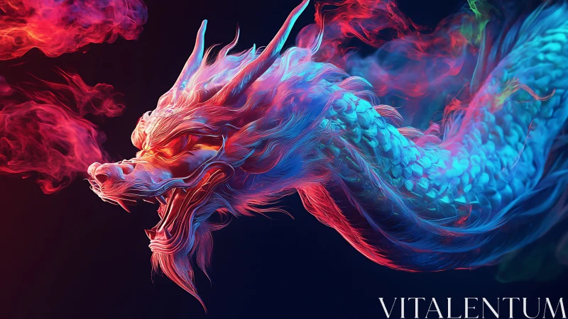 Neon storm dragon exhales chromatic fire in midnight silence.