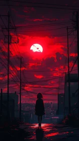 Silhouetted figure observes neon-red city sunset in anime style