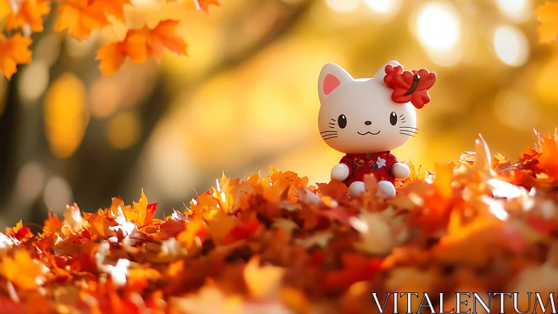 White Cat Figurine with Red Flowers Among Autumn Leaves