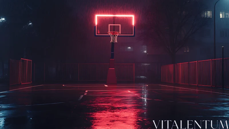 Neon-lit rainy night basketball court glowing with quiet drama.