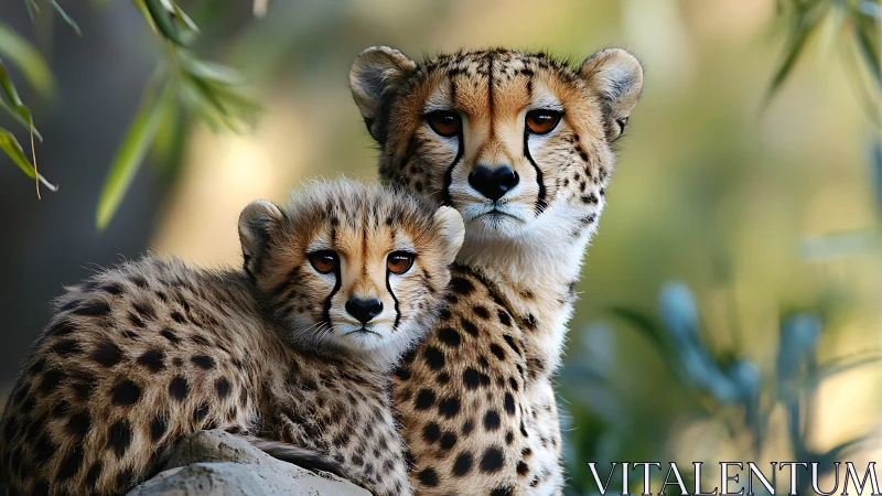 Mother Cheetah Protects Cub Among Savanna Grasses.