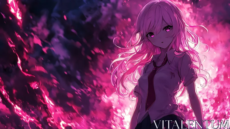Anime schoolgirl with glowing pink hair in fiery light.