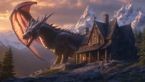 Twilight mountain dragon guarding a lantern-lit stone lodge.