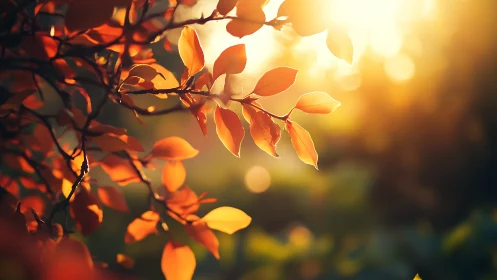 Autumn leaves glowing in golden sunlight, soft focus nature scene.