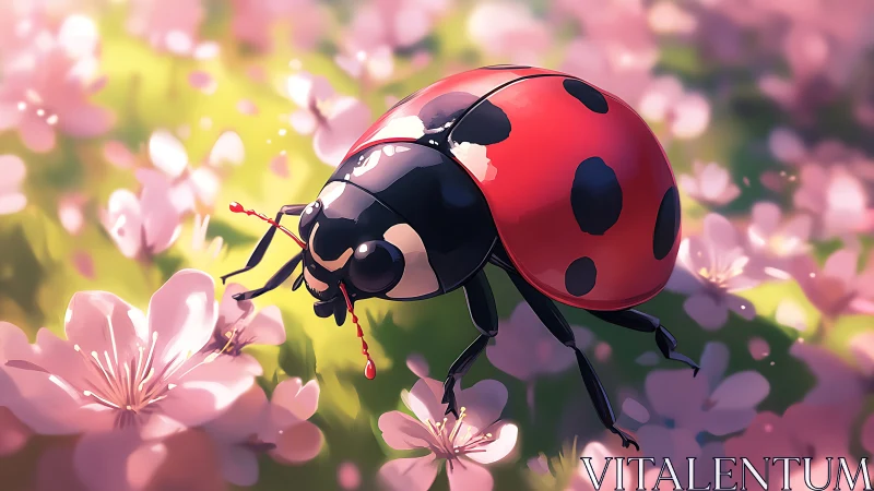 Macro study of a stylized ladybug on blossoms in soft bokeh light