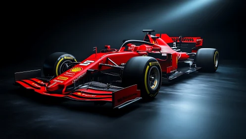 Red Formula 1 racing car under dramatic studio spotlight.