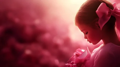 Pink-Ribboned Reverie: A Child's Luminous Bloom.