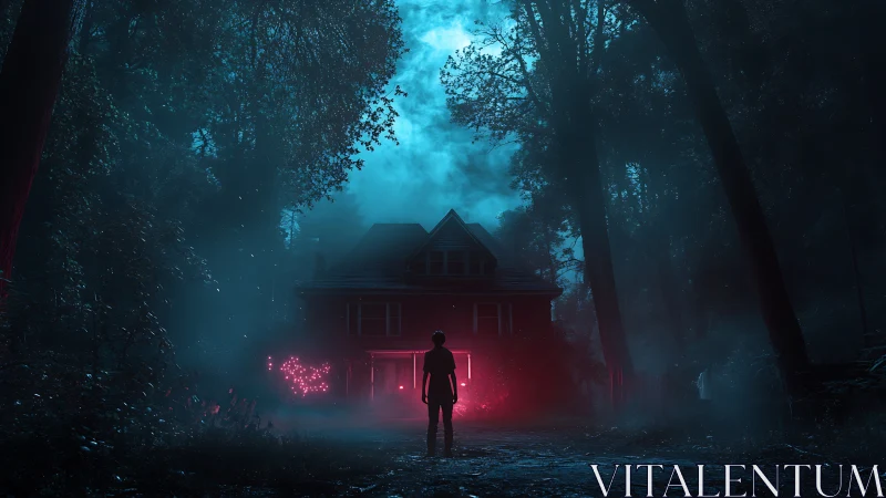 Silhouetted figure before illuminated house in dense forest at night.