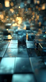 Central metallic cube rises from reflective tiled surface