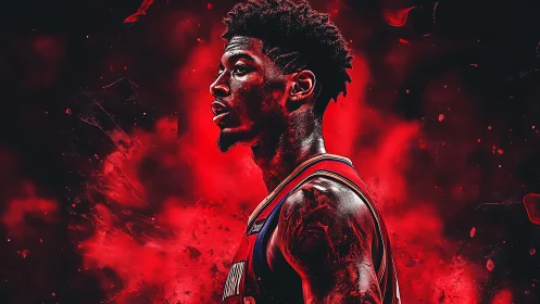 Digital portrait of basketball player in red inferno backdrop.