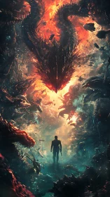 Lone human confronts colossal cosmic dragon in firestorm.