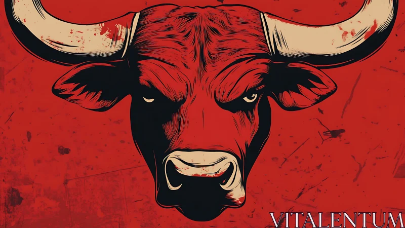 Scarlet bull’s glare ignites a raw, rebellious canvas storm.