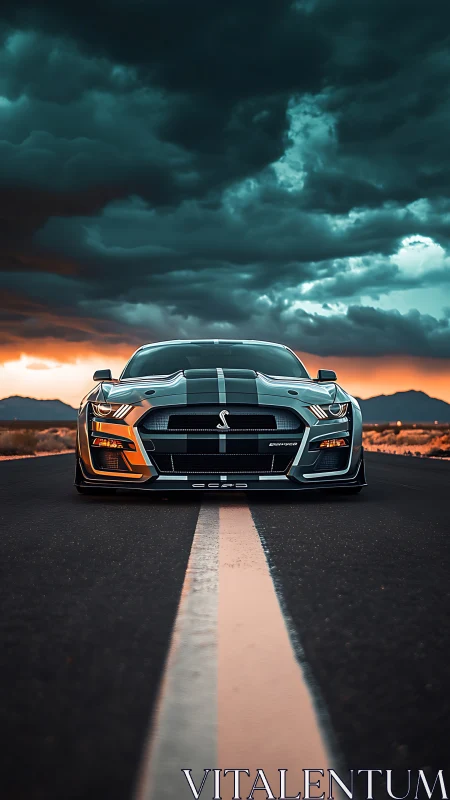 Bold muscle car waiting under stormy sunset skies.