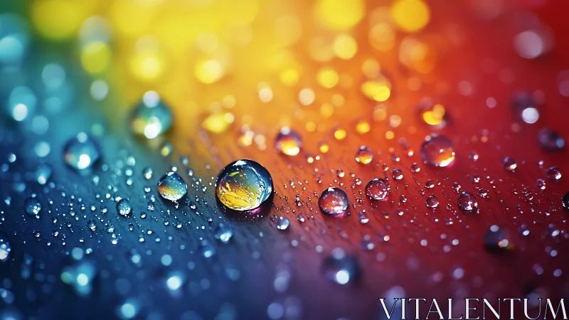 Prismatic water droplets over vibrant rainbow gradient surface.