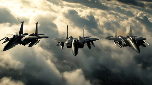Strategic Fighter Formation Above Stratocumulus Cloud Layer.